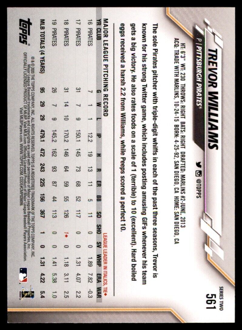 2020 Topps Baseball Card Trevor Williams Pittsburgh Pirates #561