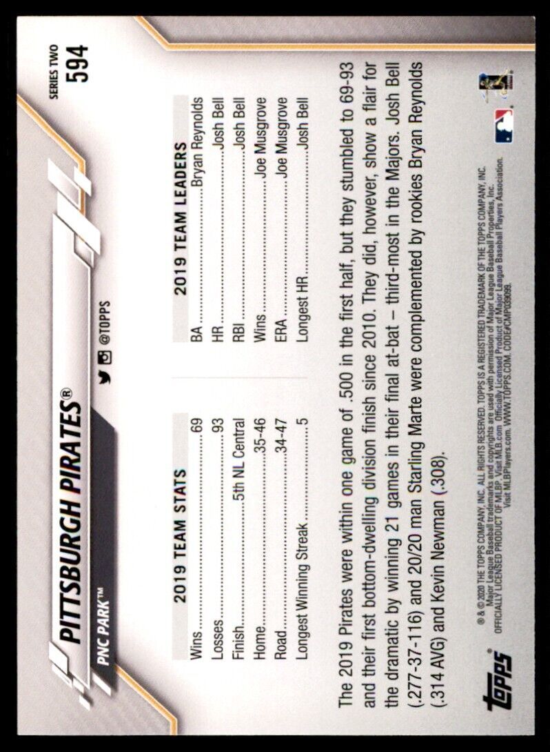 2020 Topps Pittsburgh Pirates Baseball Card Pittsburgh Pirates #594