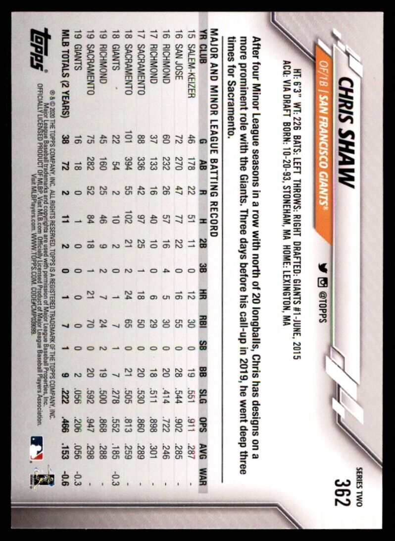 2020 Topps Baseball Card Chris Shaw San Francisco Giants #362