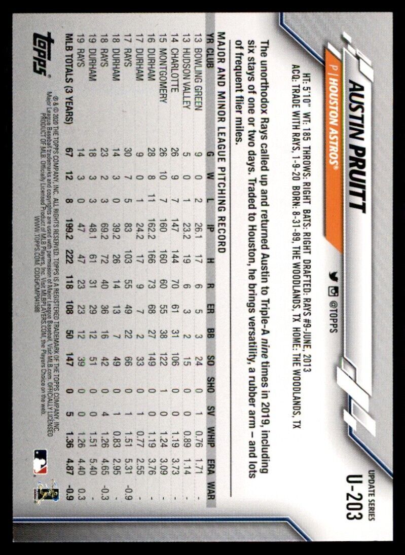2020 Topps Austin Pruitt Baseball Card Houston Astros #U-203