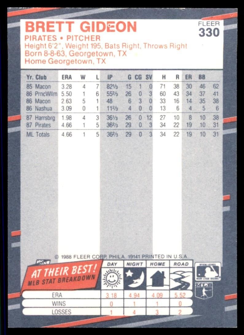 1988 Fleer Brett Gideon Rookie . Pittsburgh Pirates #330