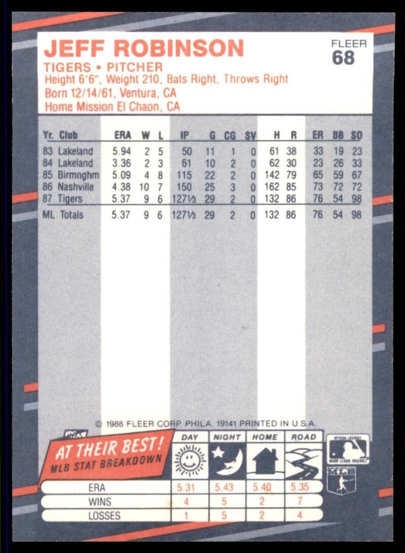 1988 Fleer Jeff Robinson Rookie . Detroit Tigers #68A