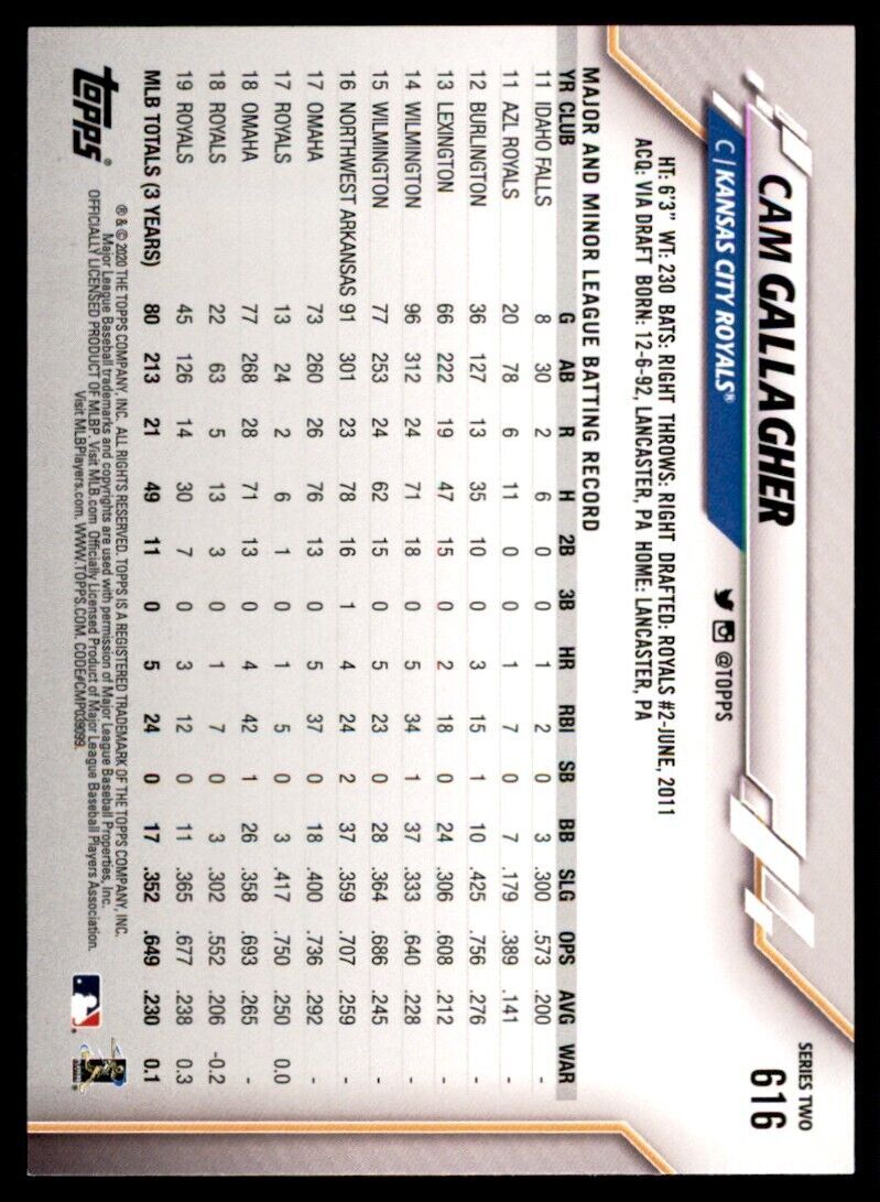 2020 Topps Cam Gallagher Baseball Card Kansas City Royals #616