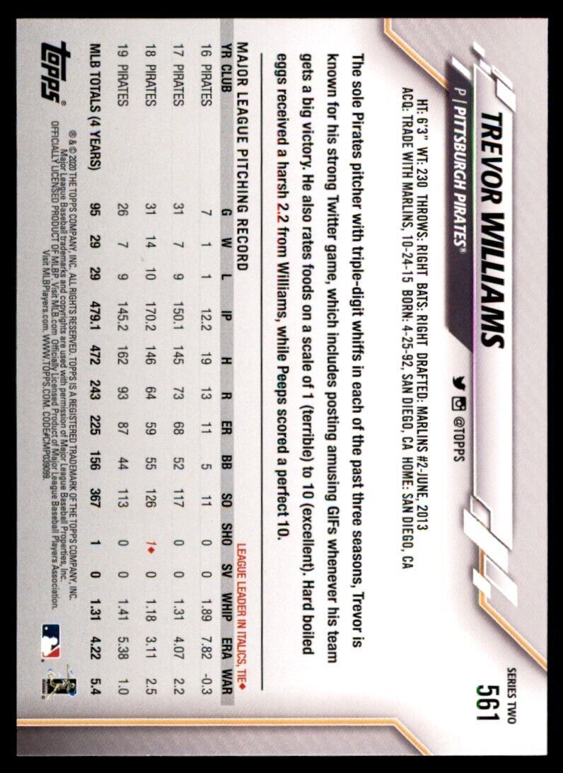 2020 Topps Trevor Williams Baseball Card Pittsburgh Pirates #561