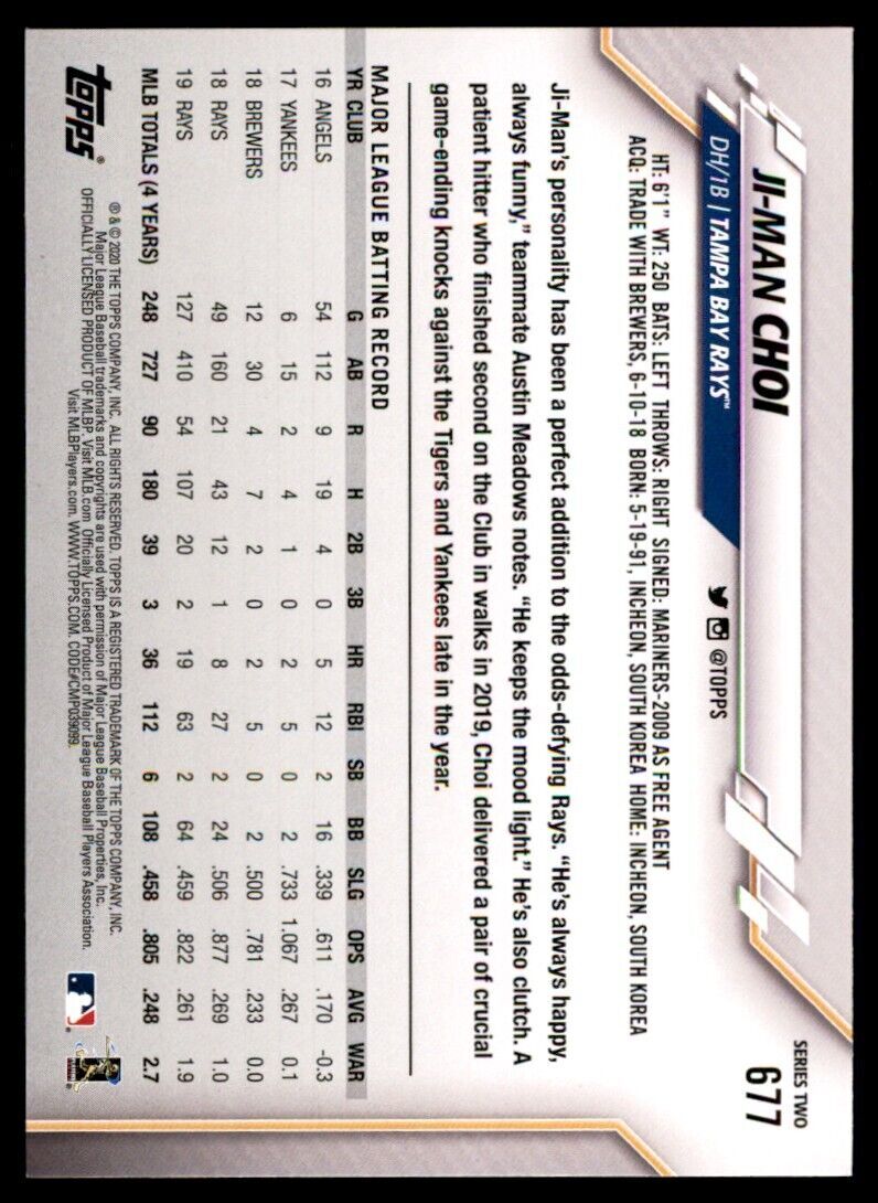2020 Topps Ji-Man Choi Baseball Card Tampa Bay Rays #677