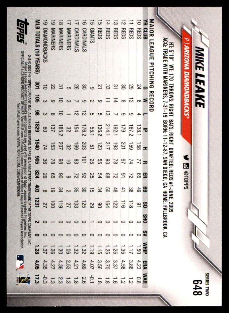 2020 Topps Mike Leake Baseball Card Arizona Diamondbacks #648