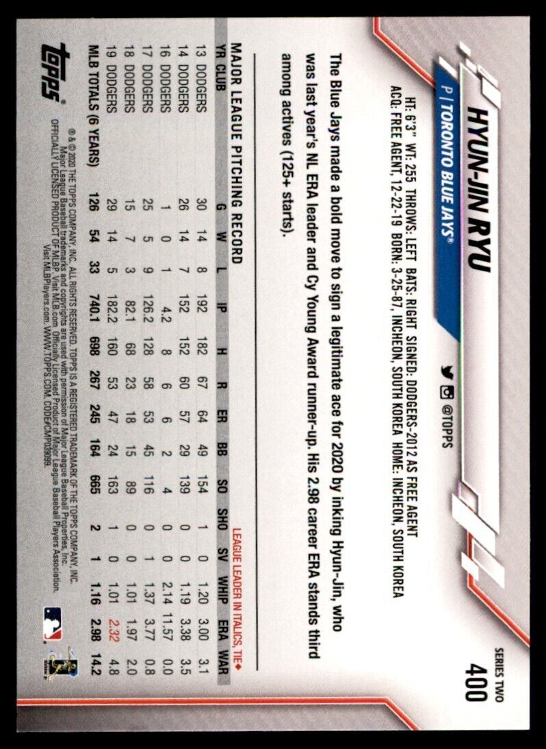2020 Topps Hyun-Jin Ryu Baseball Card Toronto Blue Jays #400
