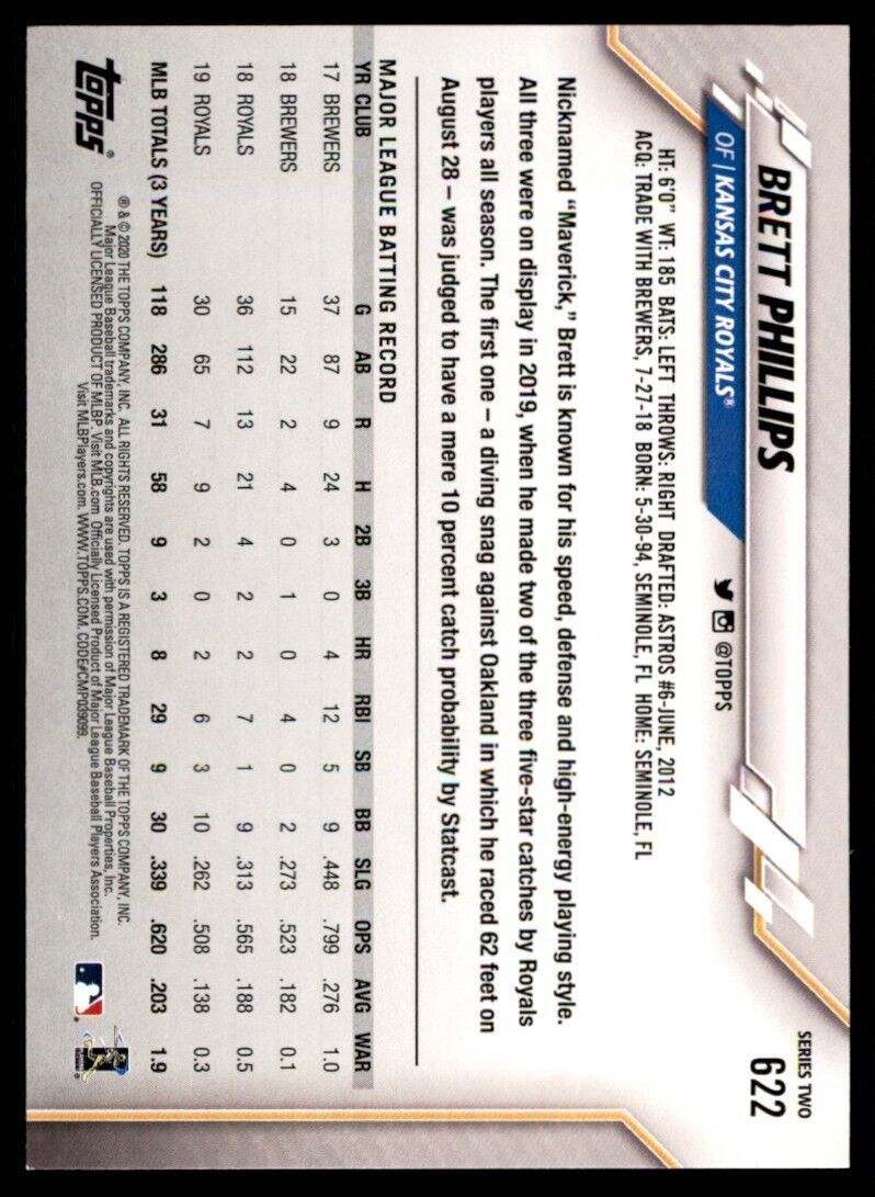 2020 Topps Brett Phillips Baseball Card Kansas City Royals #622
