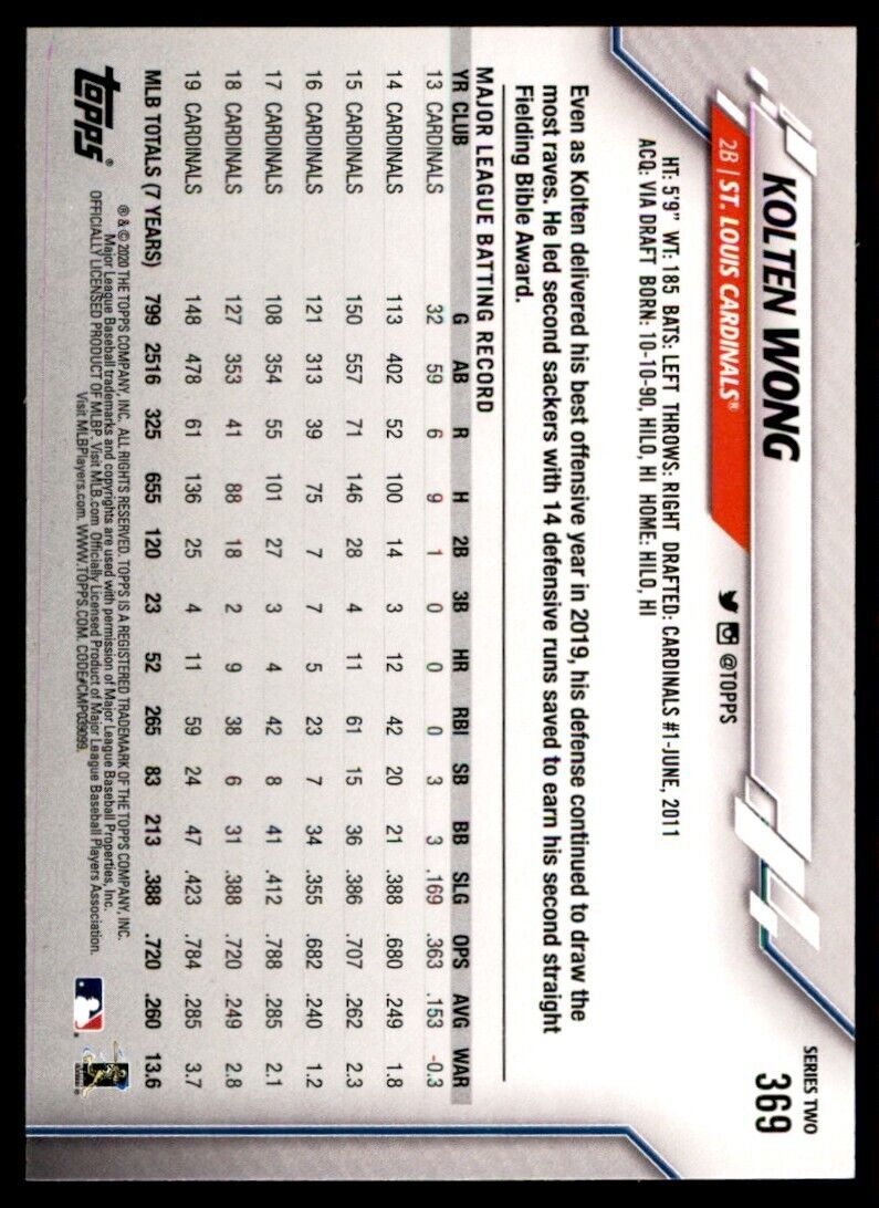 2020 Topps Baseball Card Kolten Wong St. Louis Cardinals #369
