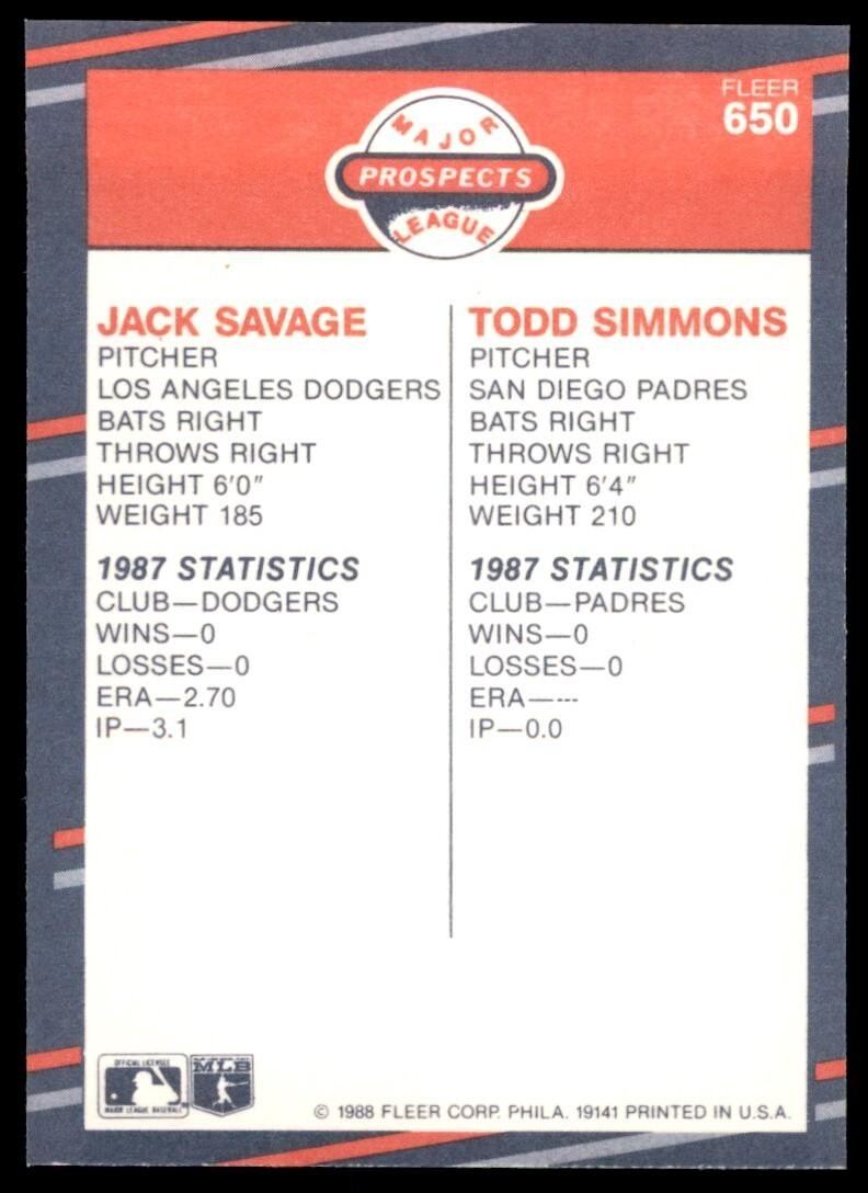 1988 Fleer Jack Savage/Todd Simmons Rookie . Los Angeles Dodgers/San Diego