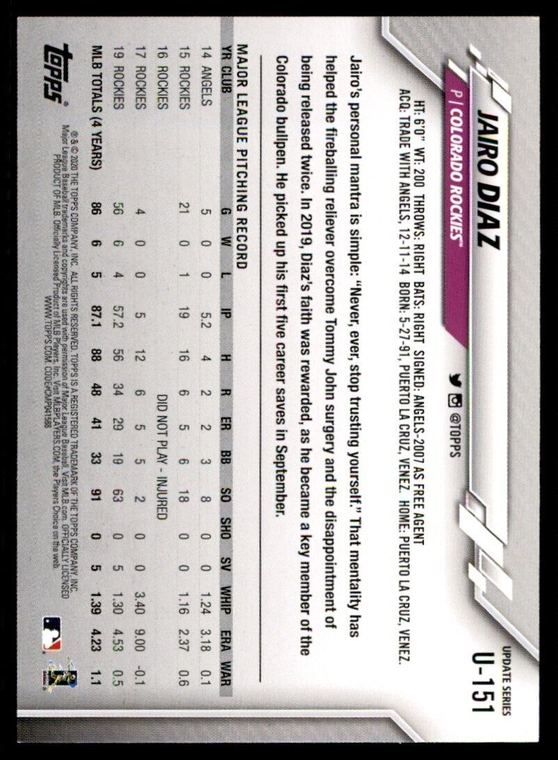 2020 Topps Baseball Card Jairo Diaz Colorado Rockies #U-151