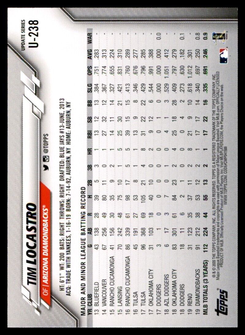 2020 Topps Baseball Card Tim Locastro A Arizona Diamondbacks #U-238