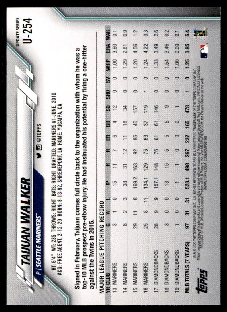 2020 Topps Baseball Card Taijuan Walker Seattle Mariners #U-254