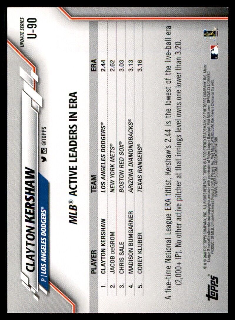 2020 Topps Baseball Card Clayton Kershaw A Los Angeles Dodgers #U-90