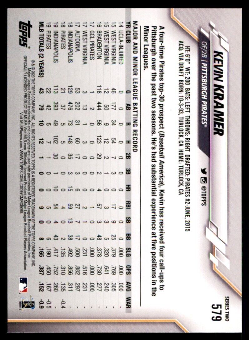 2020 Topps Baseball Card Kevin Kramer Pittsburgh Pirates #579