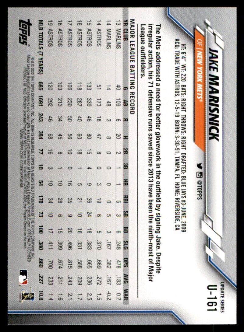 2020 Topps Baseball Card Jake Marisnick A New York Mets #U-161