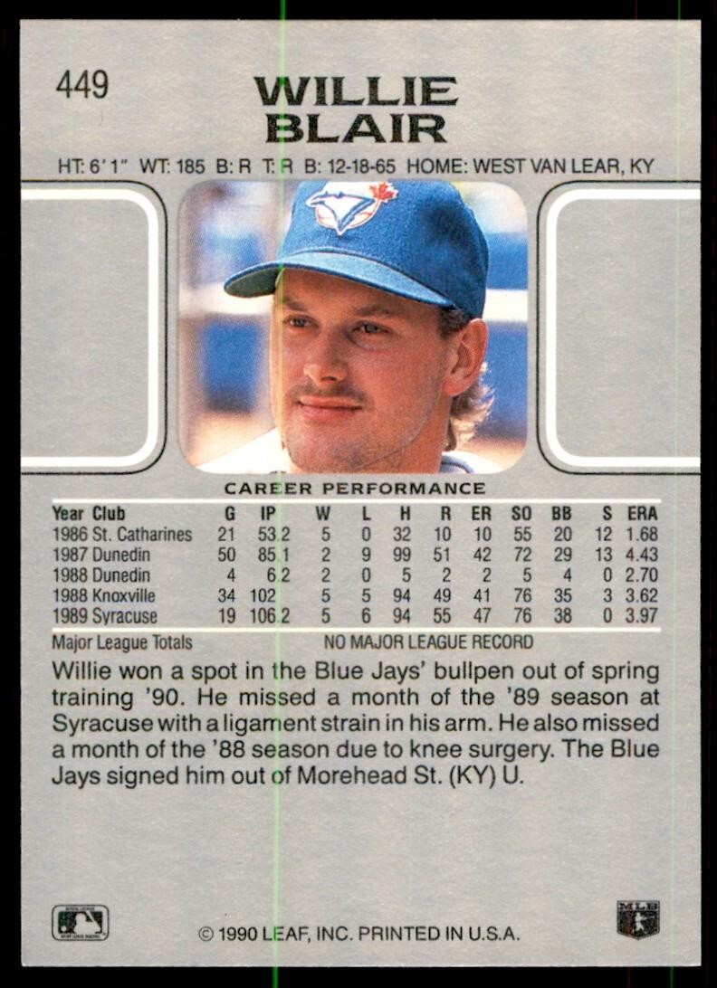 1990 Leaf Willie Blair Rookie Toronto Blue Jays #449