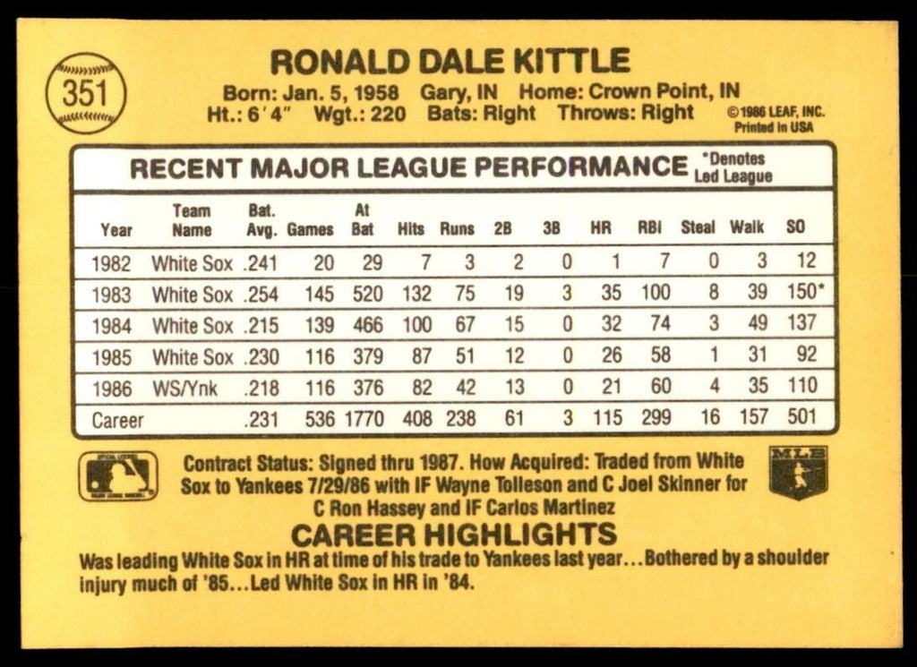 1987 Donruss Ron Kittle New York Yankees #351