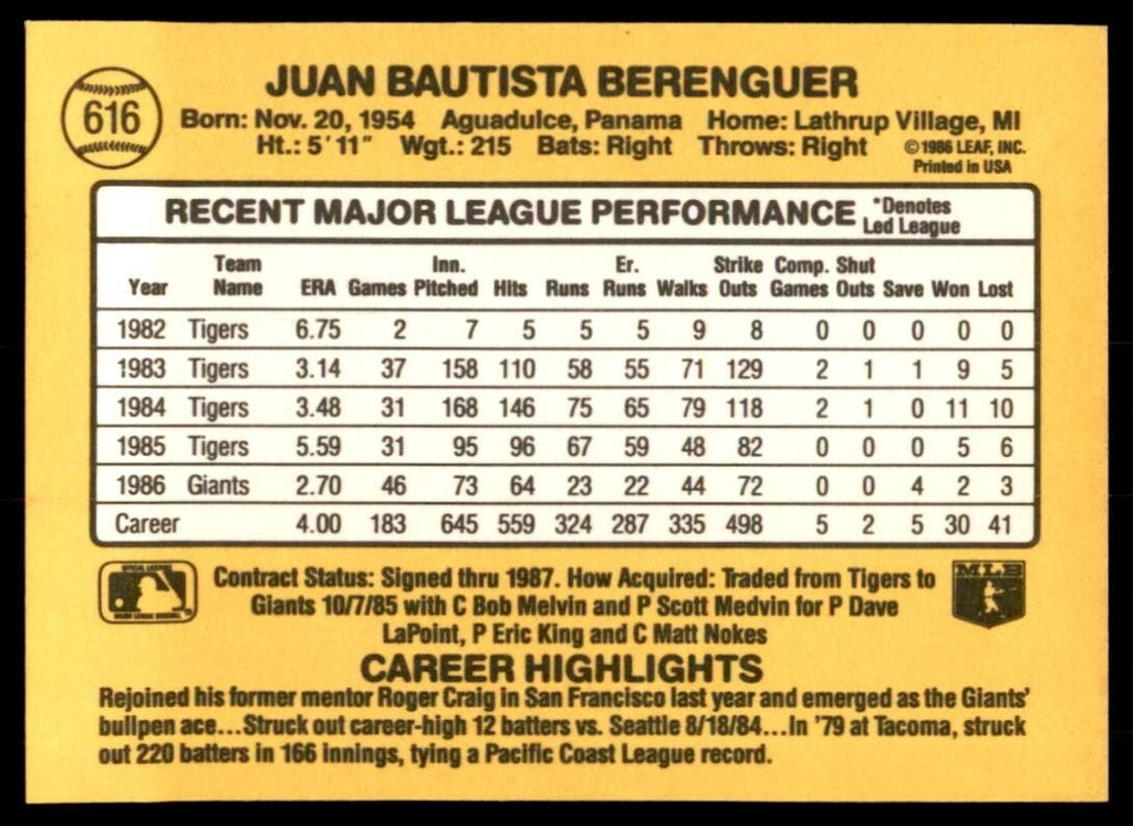 1987 Donruss Juan Berenguer San Francisco Giants #616