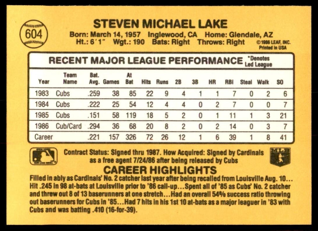 1987 Donruss Steve Lake St. Louis Cardinals #604