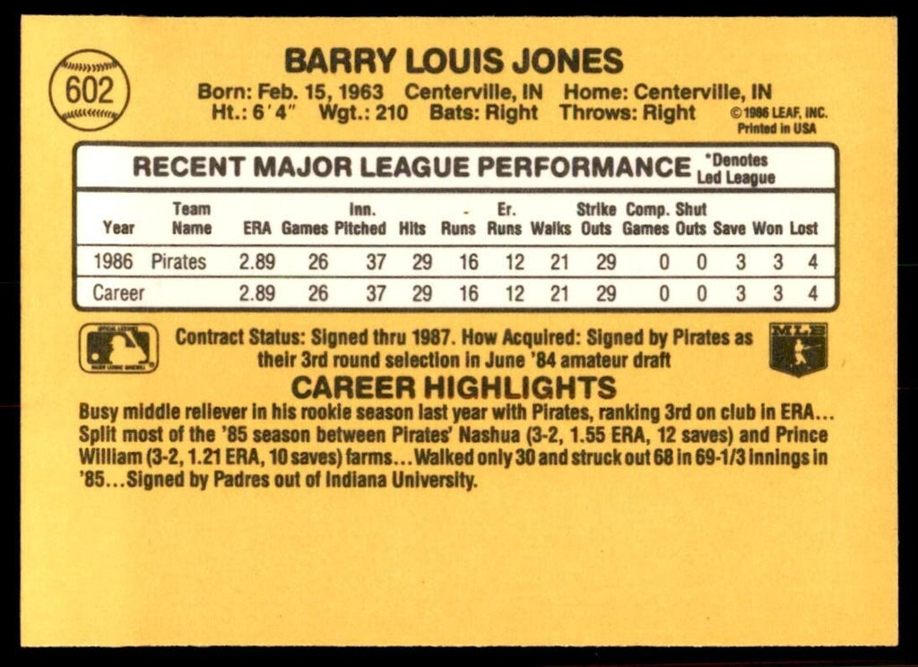 1987 Donruss Barry Jones Rookie Pittsburgh Pirates #602