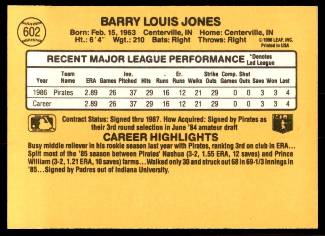 1987 Donruss Barry Jones Rookie Pittsburgh Pirates #602