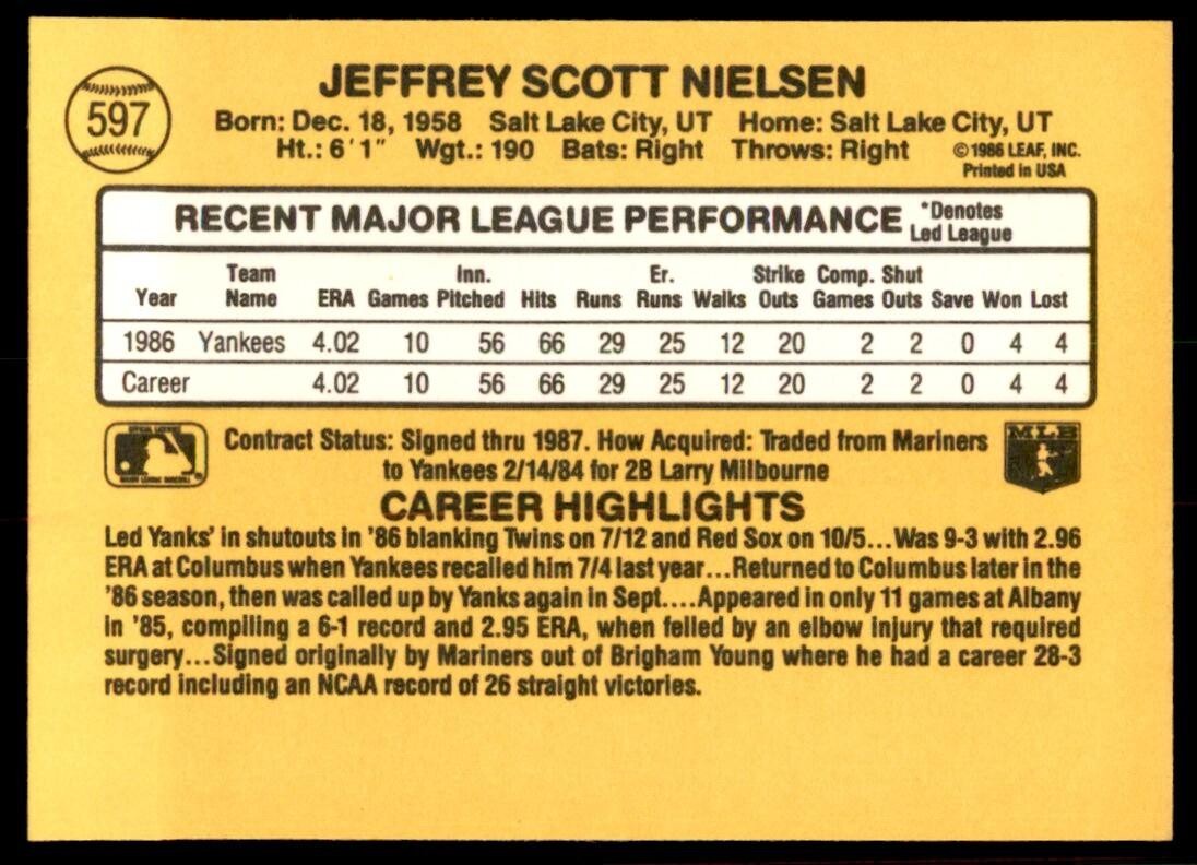 1987 Donruss Scott Nielsen Rookie New York Yankees #597