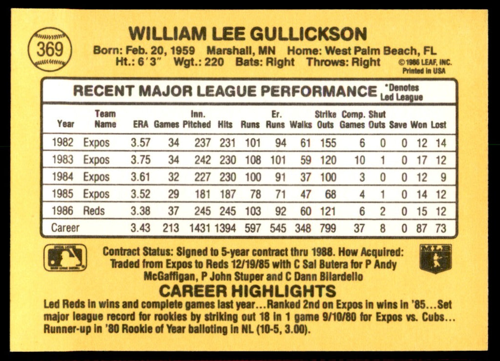 1987 Donruss Bill Gullickson Cincinnati Reds #369