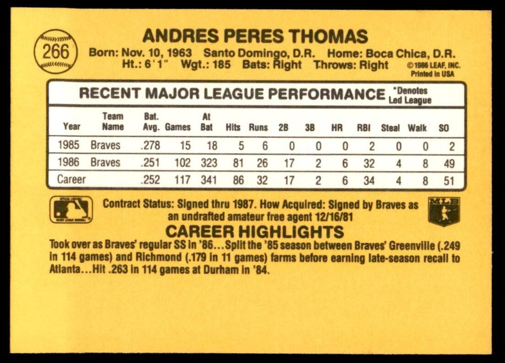 1987 Donruss Andres Thomas Rookie Atlanta Braves #266