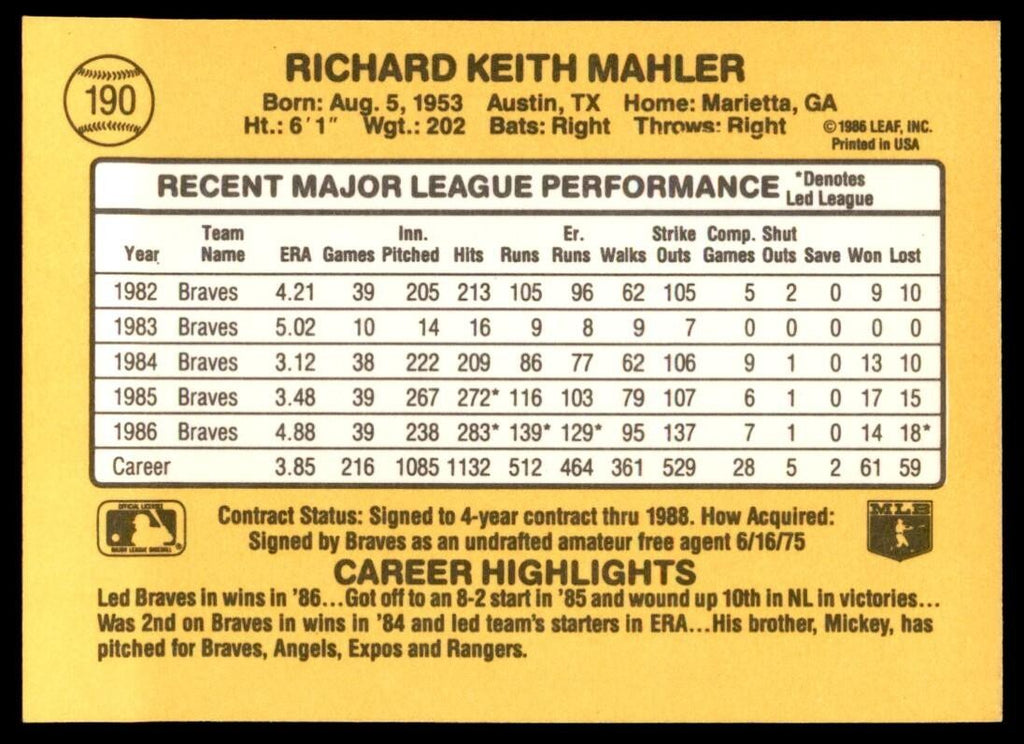 1987 Donruss Rick Mahler Atlanta Braves #190