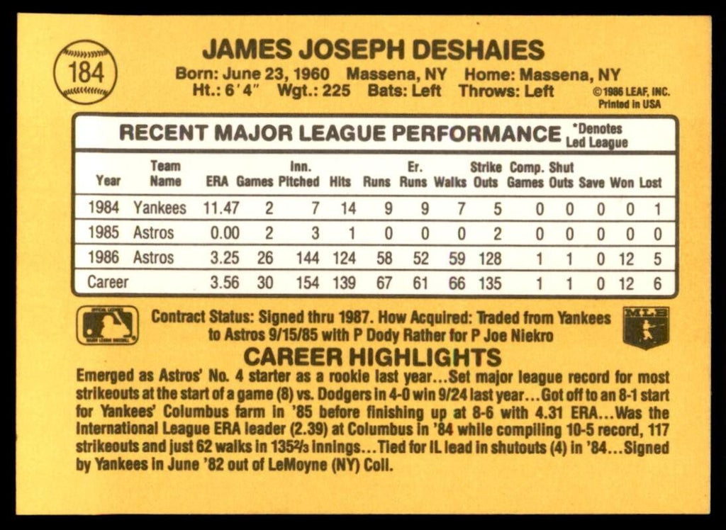 1987 Donruss Jim Deshaies Rookie Houston Astros #184