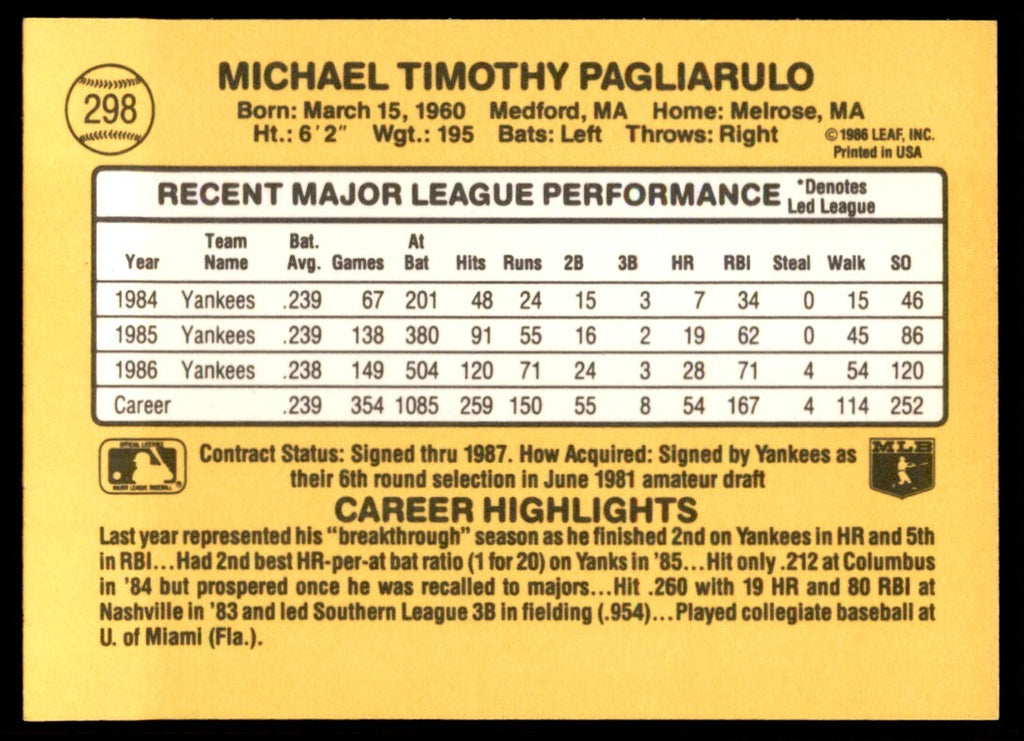 1987 Donruss Mike Pagliarulo New York Yankees #298