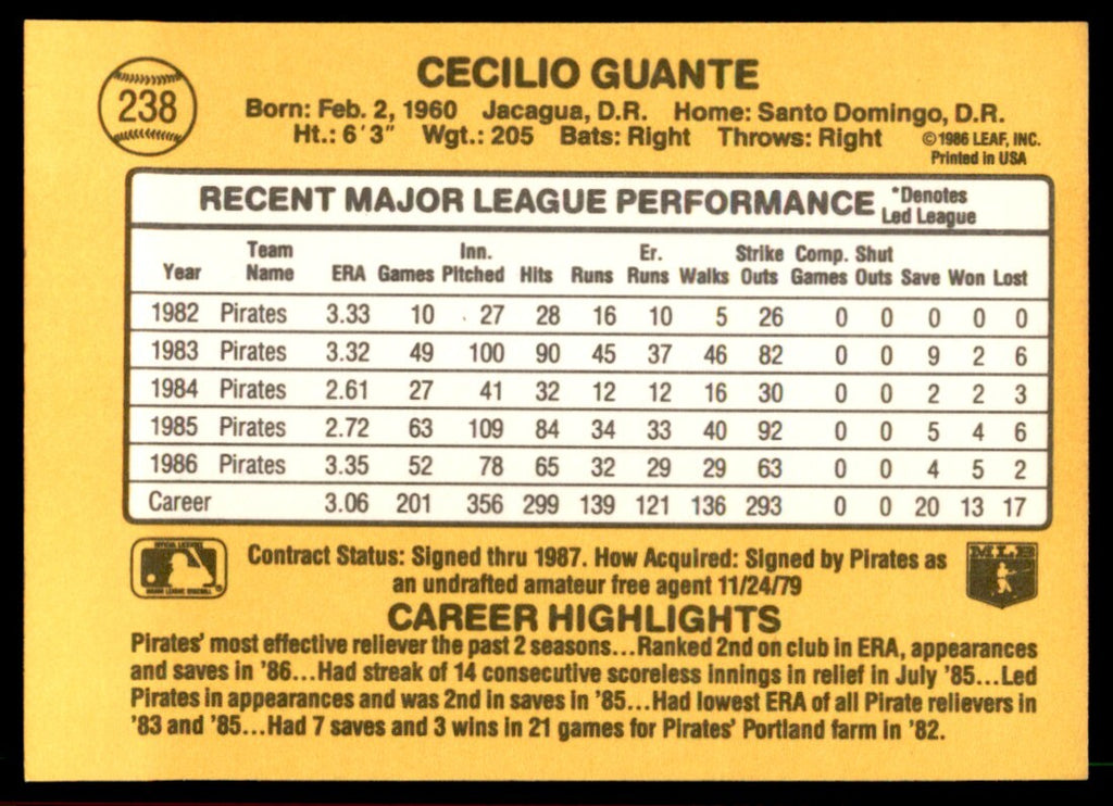 1987 Donruss Cecilio Guante Pittsburgh Pirates #238
