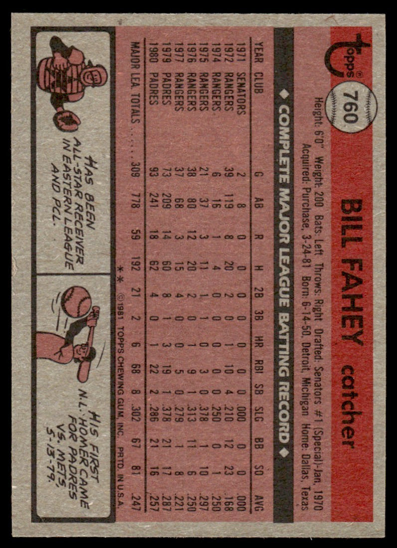 1981 Topps Traded Bill Fahey Baseball Card Detroit Tigers #760
