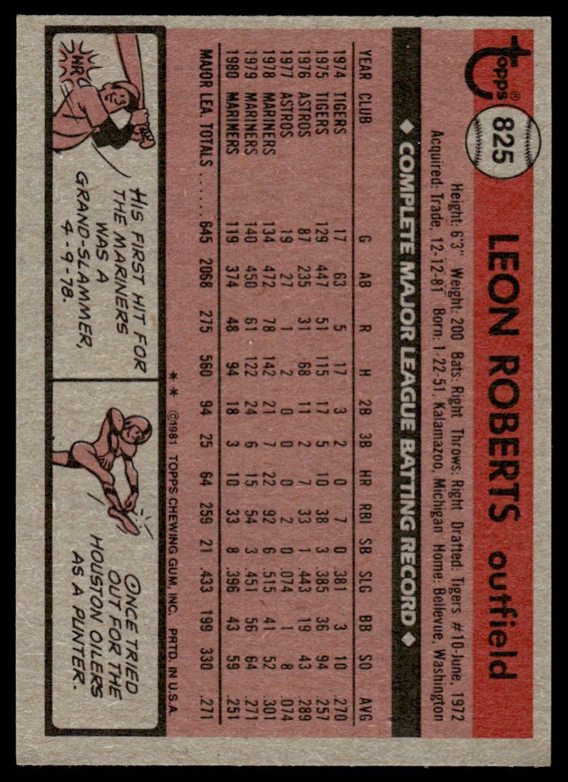 1981 Topps Traded Leon Roberts Baseball Card Texas Rangers #825