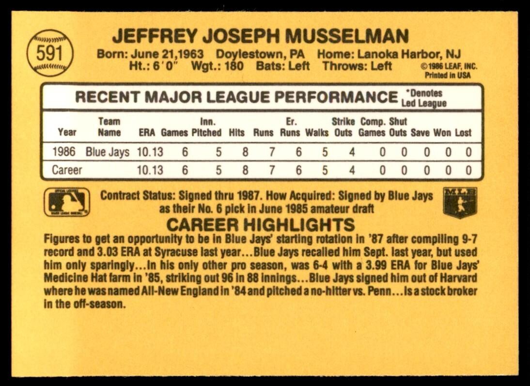 1987 Donruss Jeff Musselman Rookie Toronto Blue Jays #591