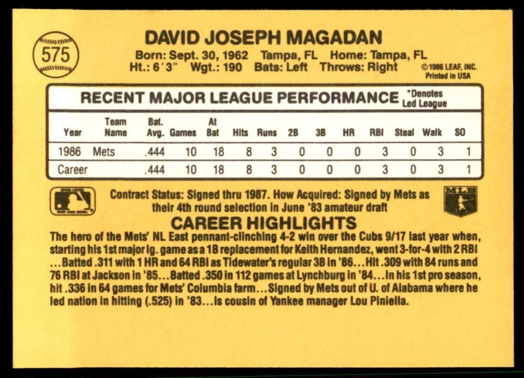 1987 Donruss Dave Magadan Rookie New York Mets #575