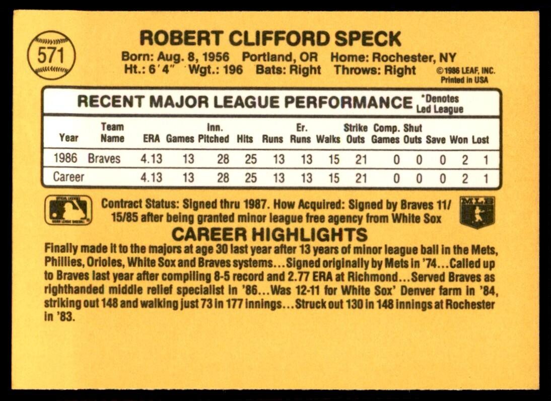 1987 Donruss Cliff Speck Rookie Atlanta Braves #571