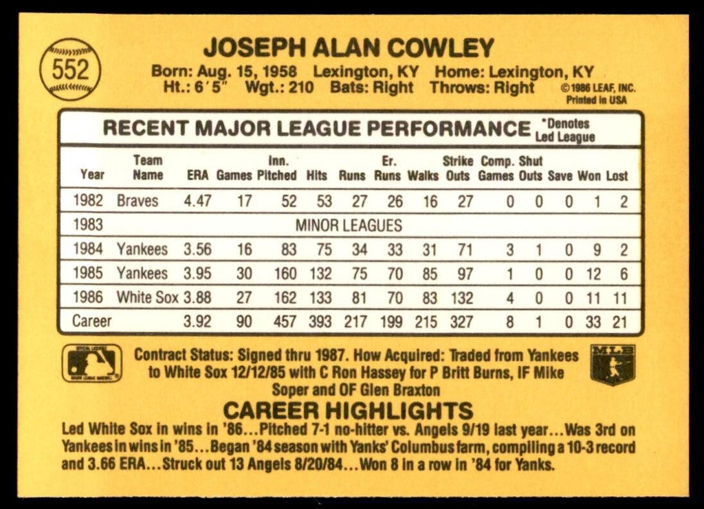 1987 Donruss Joe Cowley Chicago White Sox #552