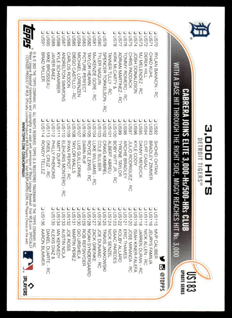 2022 Topps Baseball Card 3,000 Hits Cabrera Detroit Tigers #US183