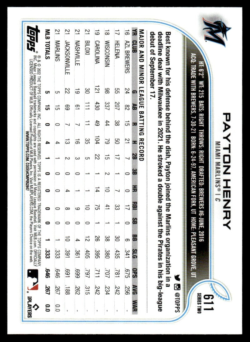 2022 Topps Baseball Card Payton Henry Miami Marlins #611