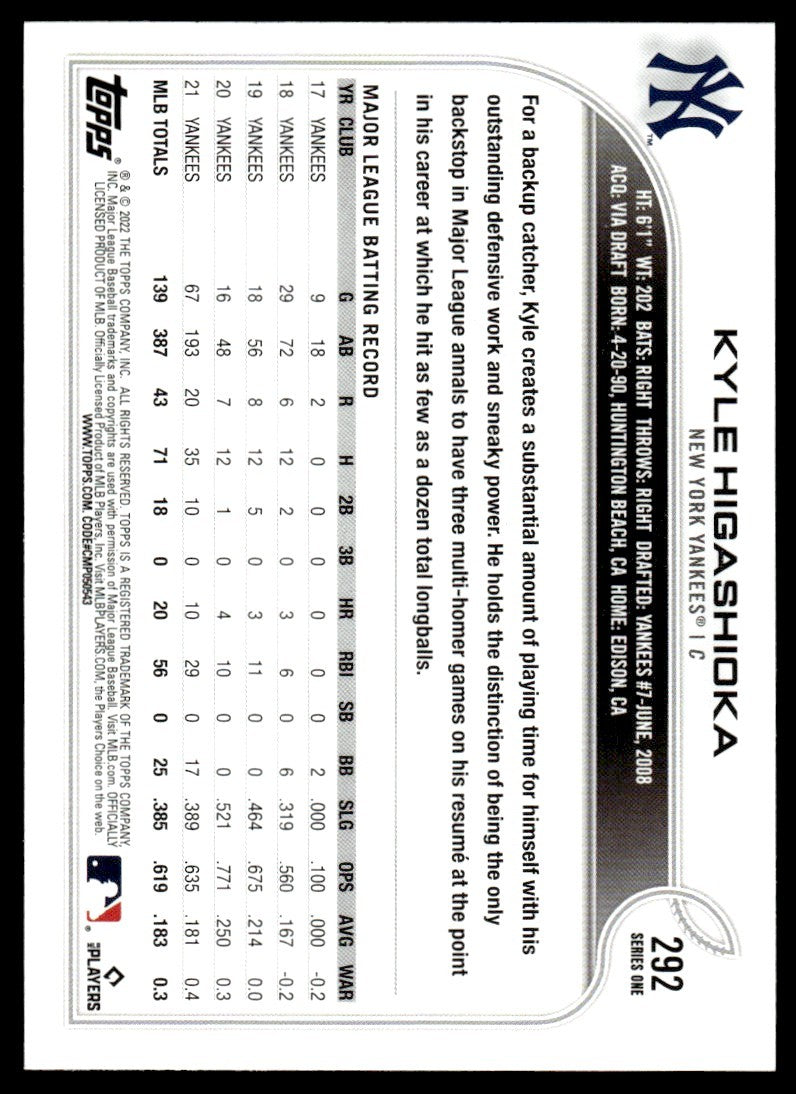 2022 Topps Baseball Card Kyle Higashioka New York Yankees #292