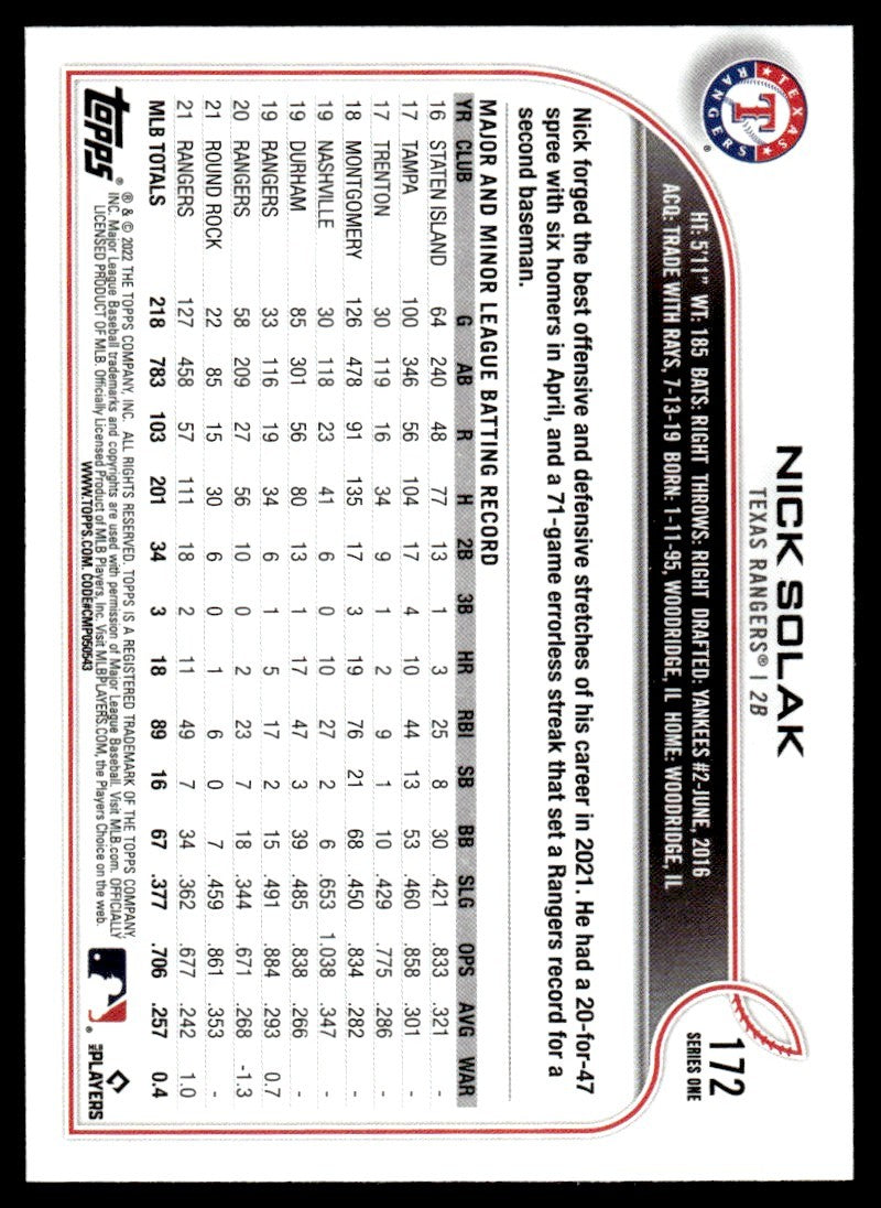2022 Topps Baseball Card Nick Solak Texas Rangers #172