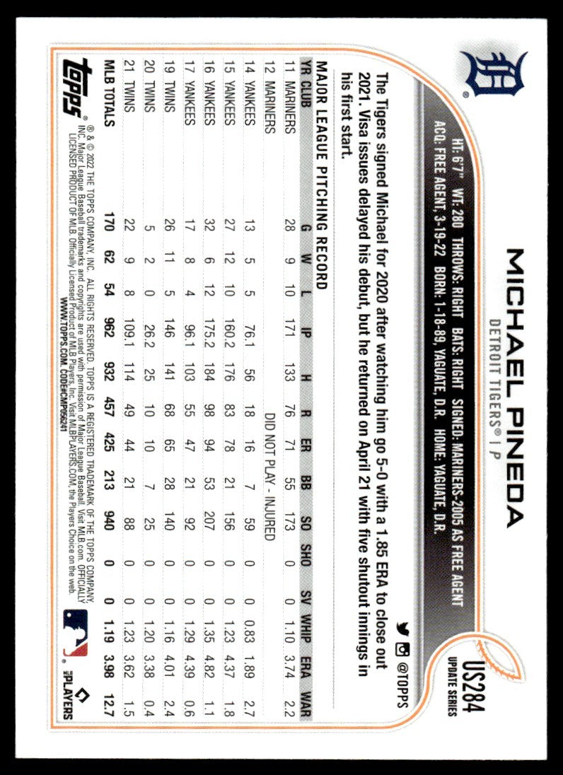2022 Topps Baseball Card Michael Pineda Detroit Tigers #US284
