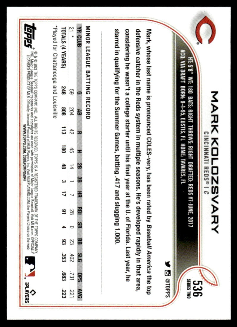 2022 Topps Baseball Card Mark Kolozsvary Cincinnati Reds #536