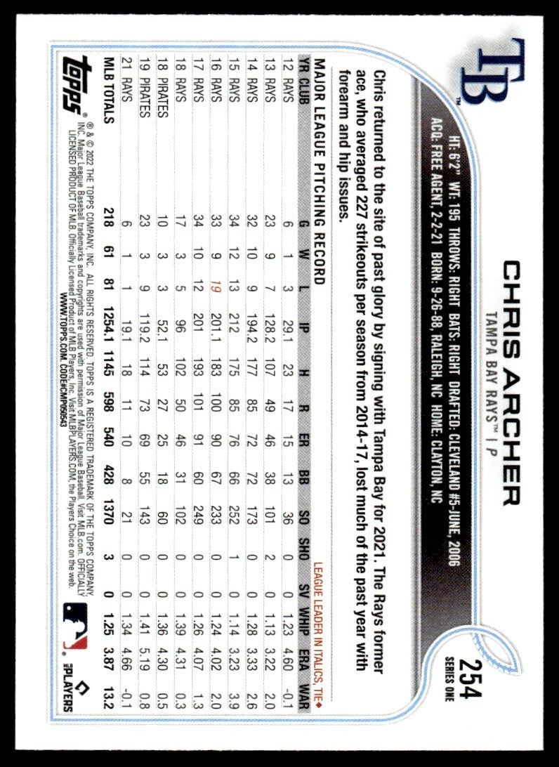 2022 Topps Baseball Card Chris Archer Pittsburgh Pirates #254