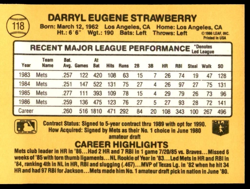 1987 Donruss Darryl Strawberry , New York Mets #118