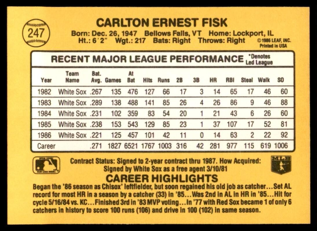 1987 Donruss Carlton Fisk Chicago White Sox #247