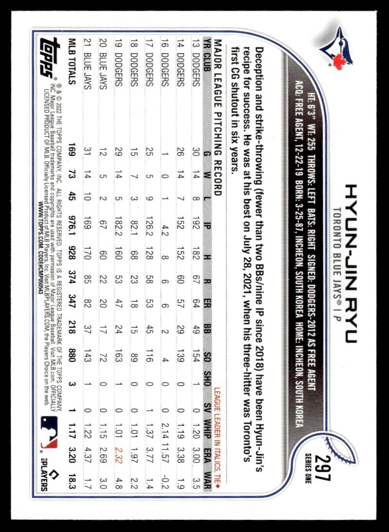 2022 Topps Baseball Card Hyun-Jin Ryu Toronto Blue Jays #297