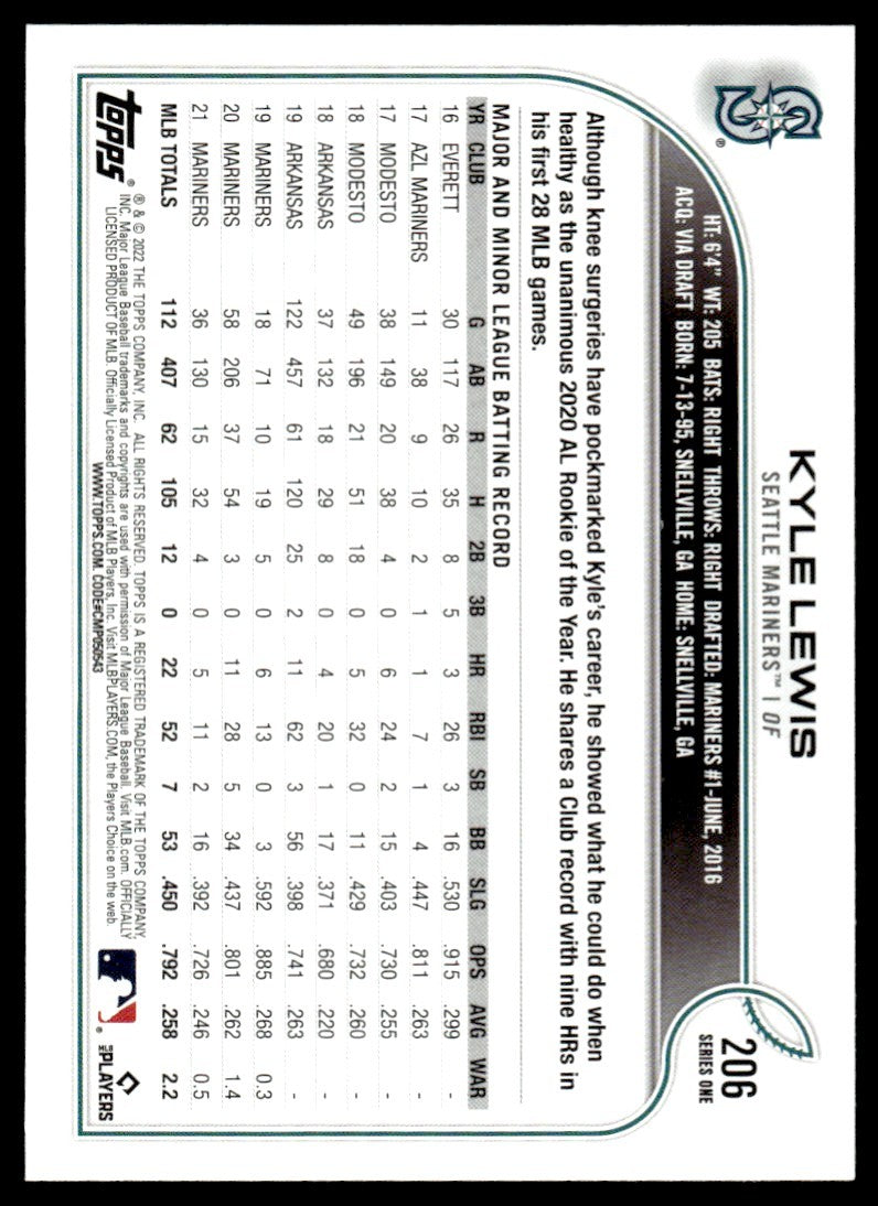 2022 Topps Baseball Card Kyle Lewis Seattle Mariners #206